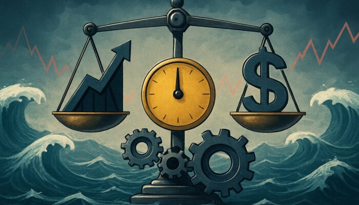 A financial scale balancing the Calmar Ratio amidst market fluctuations and adjustments for volatility and risk.