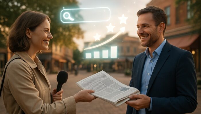 Journalist presenting a newspaper to a delighted business owner in a town square, surrounded by glowing SEO icons