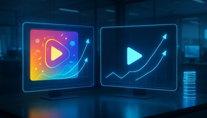 Holographic split-screen comparing dynamic versus minimalist video ads with performance graphs for A/B testing optimisation