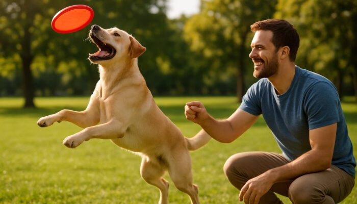 Joyful Labrador leaps for red frisbee in sunny park as owner offers treat during training.