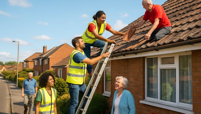 Community Help That Can Free Budget Space: Smart Strategies | DCL Volunteers repairing an elderly neighbour's roof on a sunny UK street, fostering community connections and support.