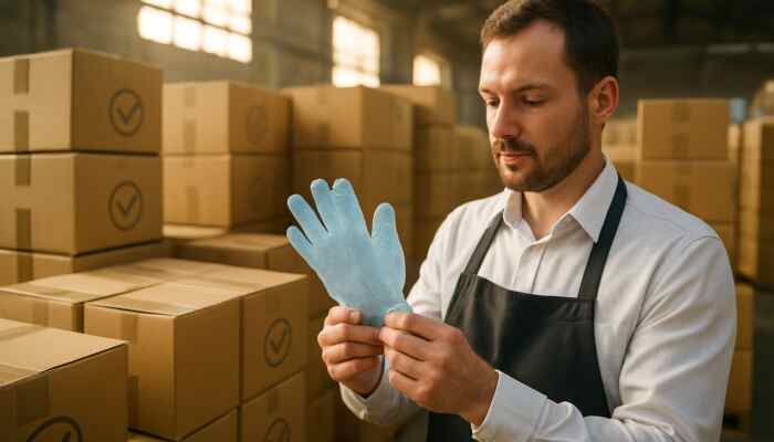 Catering manager inspecting certified bulk polythene gloves in a sunlit warehouse surrounded by compliance boxes