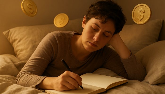 Exhausted individual resting in bed writing a gentle debt repayment plan in a journal with warm golden light