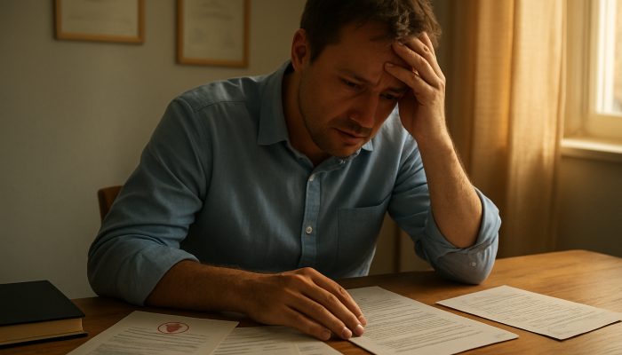 Concerned individual at a sunlit desk with medical certificates, bills, and a letter requesting creditor relief