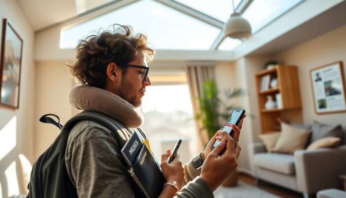 A traveller in a sunlit room packs a backpack with essentials like passports, snacks, a neck pillow, and tech gadgets while checking a bus schedule on a smartphone.
