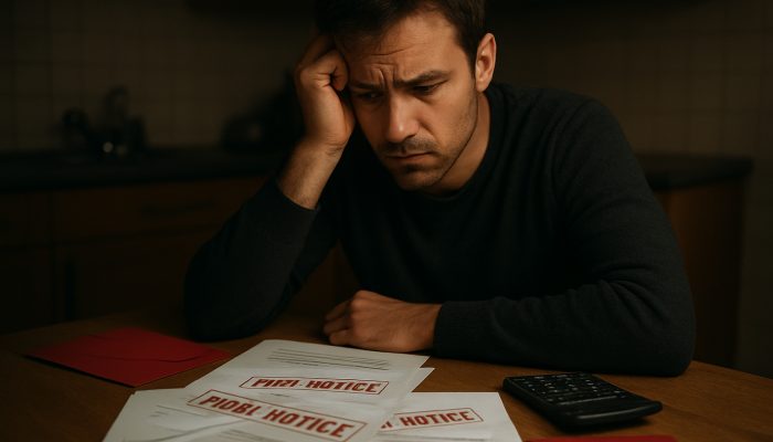 Recognising Financial Risks from Support Payments: Understand the Signs | DCL Concerned individual at a dim table surrounded by overdue gas, electricity, and water bills marked final notice