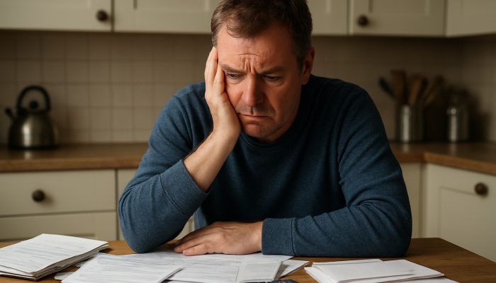 Recognising Financial Risks from Support Payments: Understand the Signs | DCL Worried British resident at a cluttered table surrounded by council tax bills and support letters