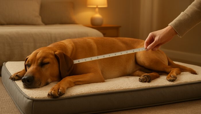Owner measuring large dog from nose to tail on an orthopedic bed in a cosy bedroom