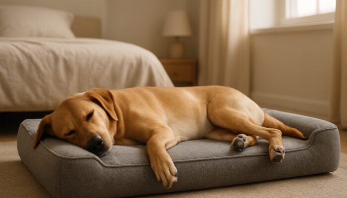 Calm dog resting on a supportive high-density foam pet bed in a cosy setting.