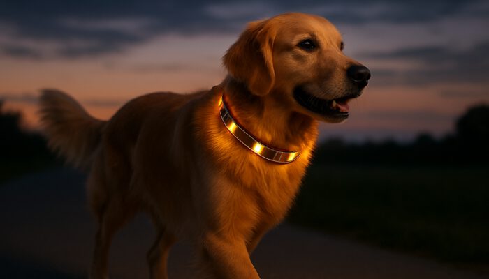 Golden retriever at dusk wearing a glowing solar-powered LED collar featuring solar panels for visibility.