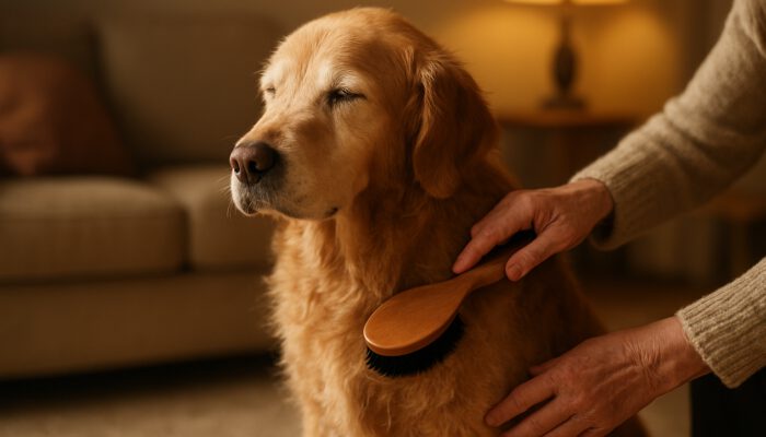 Elderly golden retriever with dry patchy fur being gently brushed by owner in a cosy home