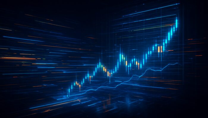 Futuristic holographic trading interface with algorithmic charts and news data streams in cybernetic room