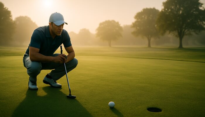 Concentrated golfer in polo shirt positioning for a putt on a misty sunlit golf green