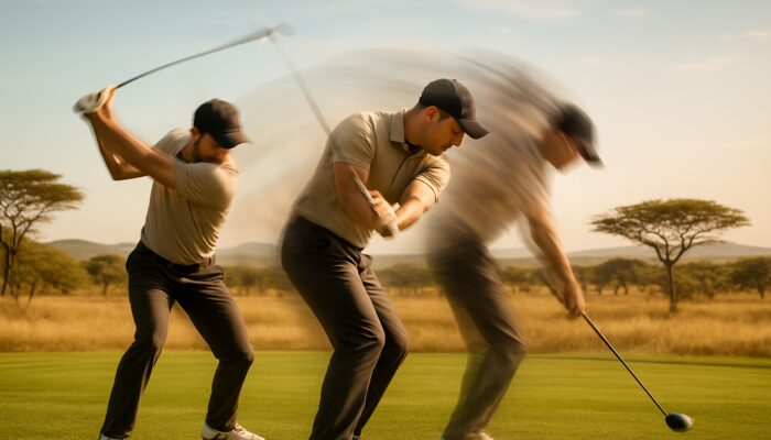 Determined golfer executing powerful swings with motion blur on sunlit South African savanna turf.