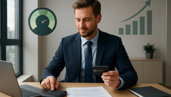 Demonstrating Financial Stability to Lenders: Proven Techniques | DCL British professional pays off credit card with glowing 25% utilization meter and rising credit scores