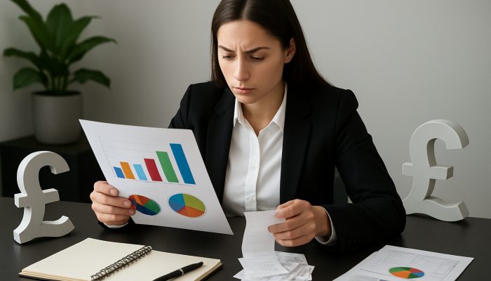 Demonstrating Financial Stability to Lenders: Proven Techniques | DCL Young professional reviewing income-expense charts with British pound symbols at sleek desk