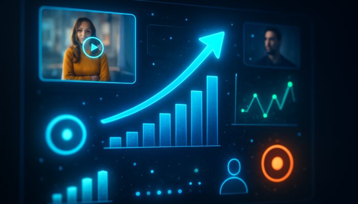 Vibrant digital dashboard displaying live video ads and real-time global engagement metrics.