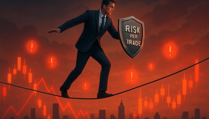 Trader balancing on a tightrope above candlestick charts while holding a Risk Per Trade shield