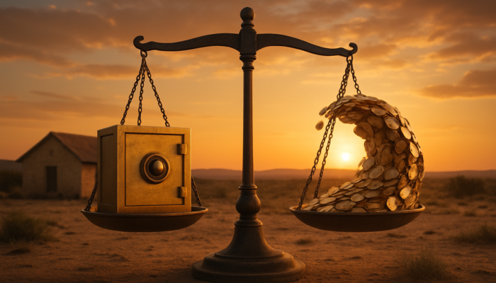 Beaufort West home depicted with safe fixed rates and fluctuating coins for variable rates, balanced by a scale at sunset.