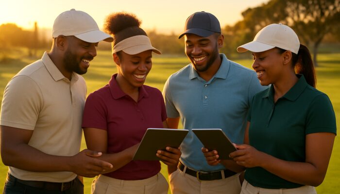 Diverse South African golfers sharing community reviews on tablets at sunset on a lush course.