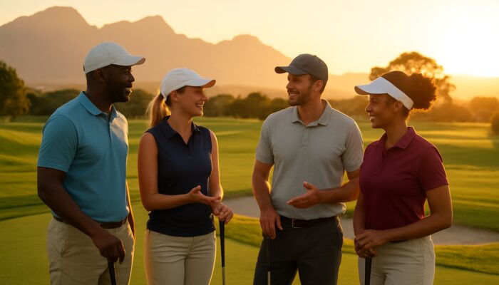 Diverse golfers networking at sunset on scenic South African course with mountains.