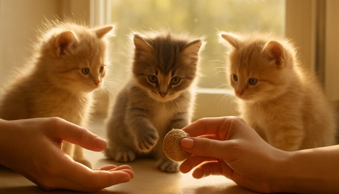 Fluffy kittens engaging with hands and toys on a sunlit windowsill during socialisation.
