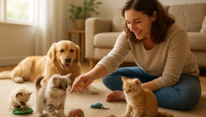 Owner gently interacting with inquisitive kittens among toys in a well-lit room for socialisation.
