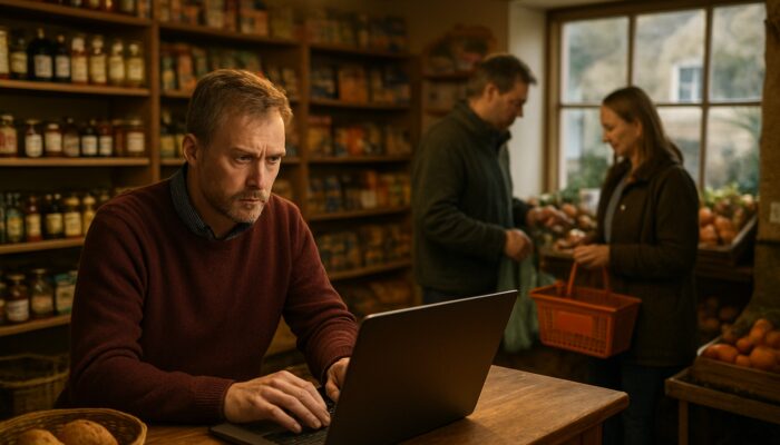 Shopkeeper monitors economy charts on laptop in cozy Somerset village store as customers buy essentials.