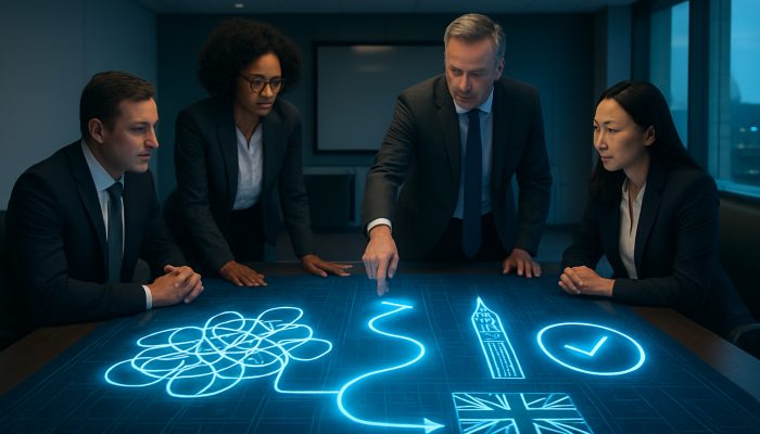 When to Switch From One Strategy to Another: Business Guide | DCL Executives charting strategy transition on glowing digital blueprint with UK compliance icons in boardroom