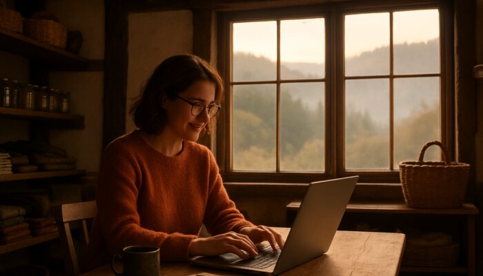 Small business owner writing a blog on a laptop in a rustic Lydney shop with misty views of the Forest of Dean