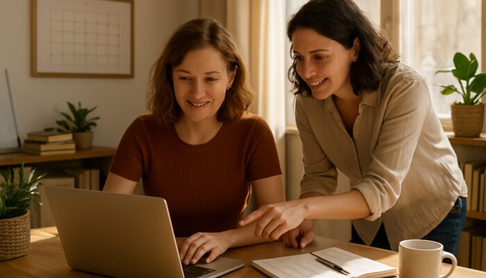 Lydney business owner strategising blog posts on a laptop with a local expert in a sunlit office