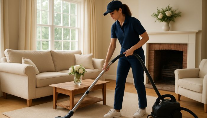 Professional cleaner vacuuming a bright living room in a cozy Martock cottage decorated with fresh flowers.