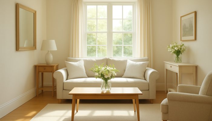 Sunlit pristine interior of a Martock cottage featuring gleaming floors, fresh flowers, and crisp linens after professional cleaning.