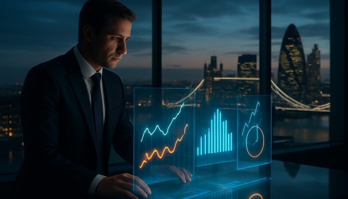 Reviewing Progress After Each Windfall: Essential UK Advice | DCL Analyst examining holographic UK inflation and market charts in a sleek London office at dusk