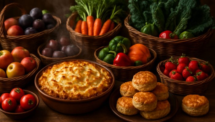 Rustic table featuring a steaming shepherd’s pie, golden scones, and baskets of British seasonal fruits and vegetables.