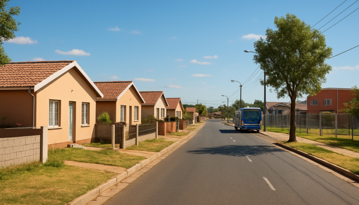 Vibrant suburban street in Springs, South Africa, featuring modest entry-level homes near schools and shopping centers.