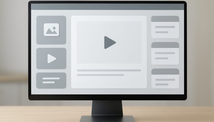 Lumen5 video dashboard displayed on a computer screen with designated upload areas for images, clips, and text.
