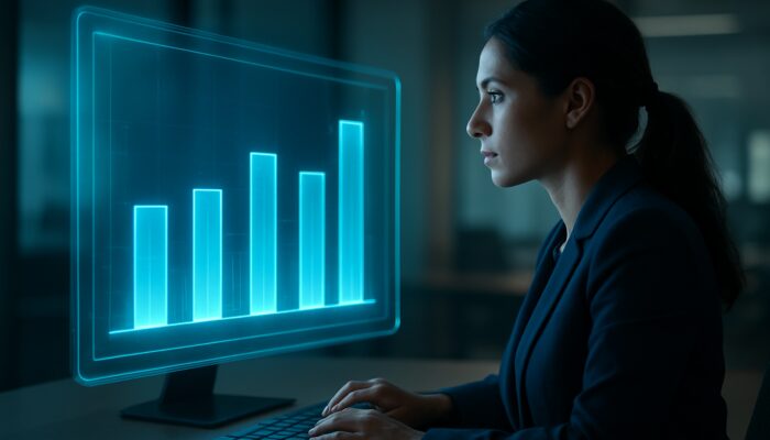 Marketer analysing a holographic dashboard that displays glowing bar charts comparing video ad engagement rates to industry standards.