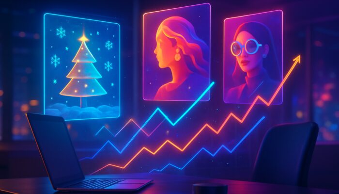 Futuristic digital workspace featuring morphing holographic ads and rising engagement graphs in vibrant colours.