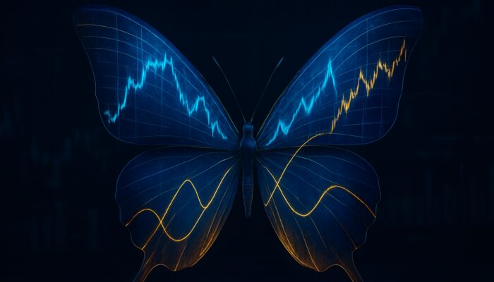 Surreal butterfly with wings of stock charts and option curves symbolising butterfly spread strategy