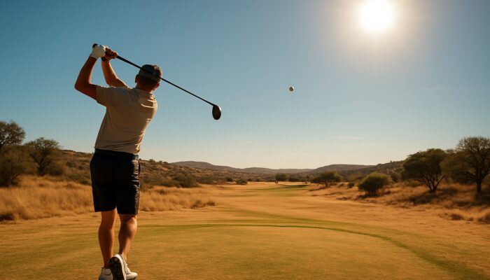 Golfer swings low-spin ball on a sun-scorched South African course under a blazing summer sky