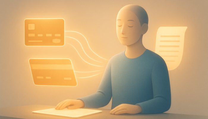 Combining Overdrafts and Credit Cards into One Balance: Save Money Now | DCL Calm figure merging glowing credit cards and overdraft statements into one streamlined account illustration