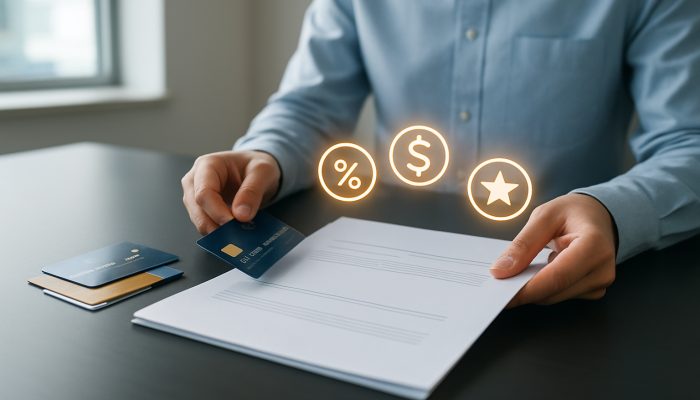 Combining Overdrafts and Credit Cards into One Balance: Save Money Now | DCL Individual consolidating credit cards and bills into one loan document on a modern desk with rewards icons.