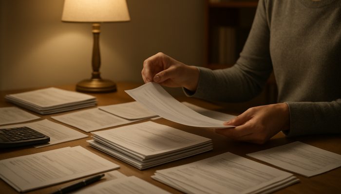 Avoiding New Debt While Merging Balances: Key Tips | DCL Individual sorting payslips and bank statements on a cluttered desk under lamplight in a home office.
