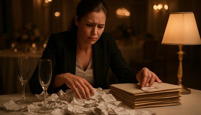 How to Organise One-off Event Overspends: Proven Strategies | DCL Event planner organising receipts into budget folders on disordered table after overspend