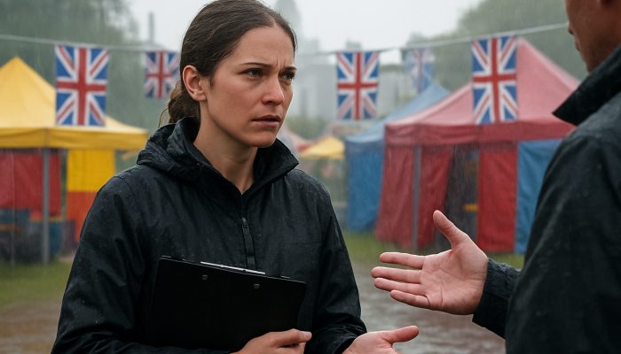 How to Organise One-off Event Overspends: Proven Strategies | DCL Event organiser negotiating contracts at a rainy London festival with colourful tents and Union Jack flags