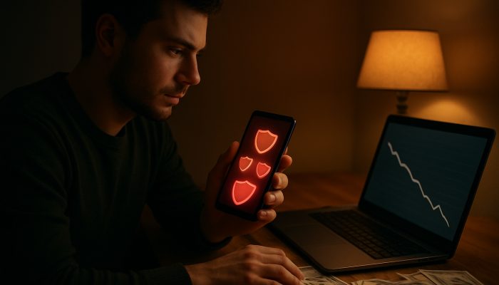 Blocking Apps and Sites During a Debt Plan: Essential Advice | DCL Focused individual disabling shopping apps on mobile device while reviewing debt repayment graph on laptop with bills
