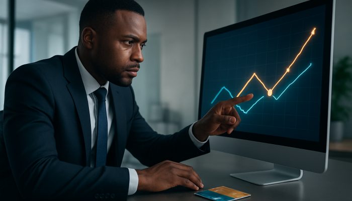 Professional reviewing glowing financial charts and credit cards to find breakeven point on new credit.