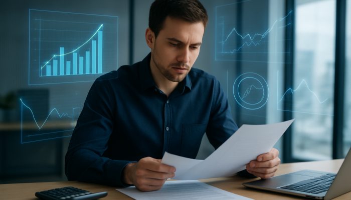 UK borrower analyzes credit docs with holographic breakeven charts in modern office